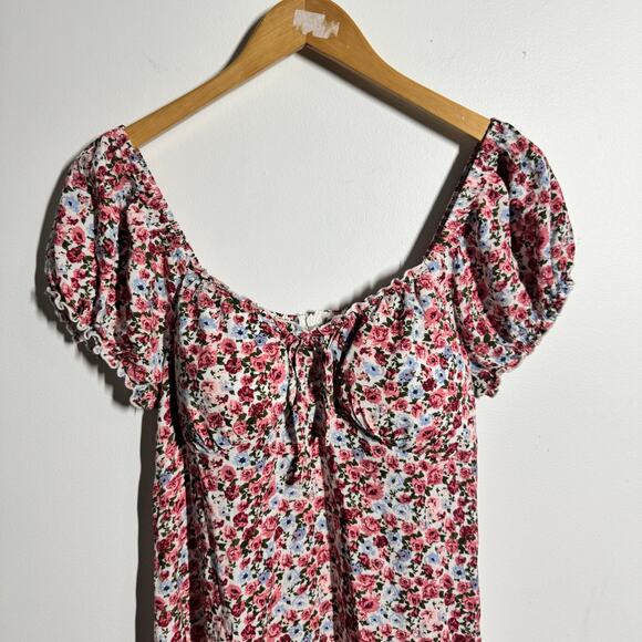 Womens L Floral Red Pink Garden Milkmaid Tradwife Babydoll Coquette Peasant - Picture 4 of 11